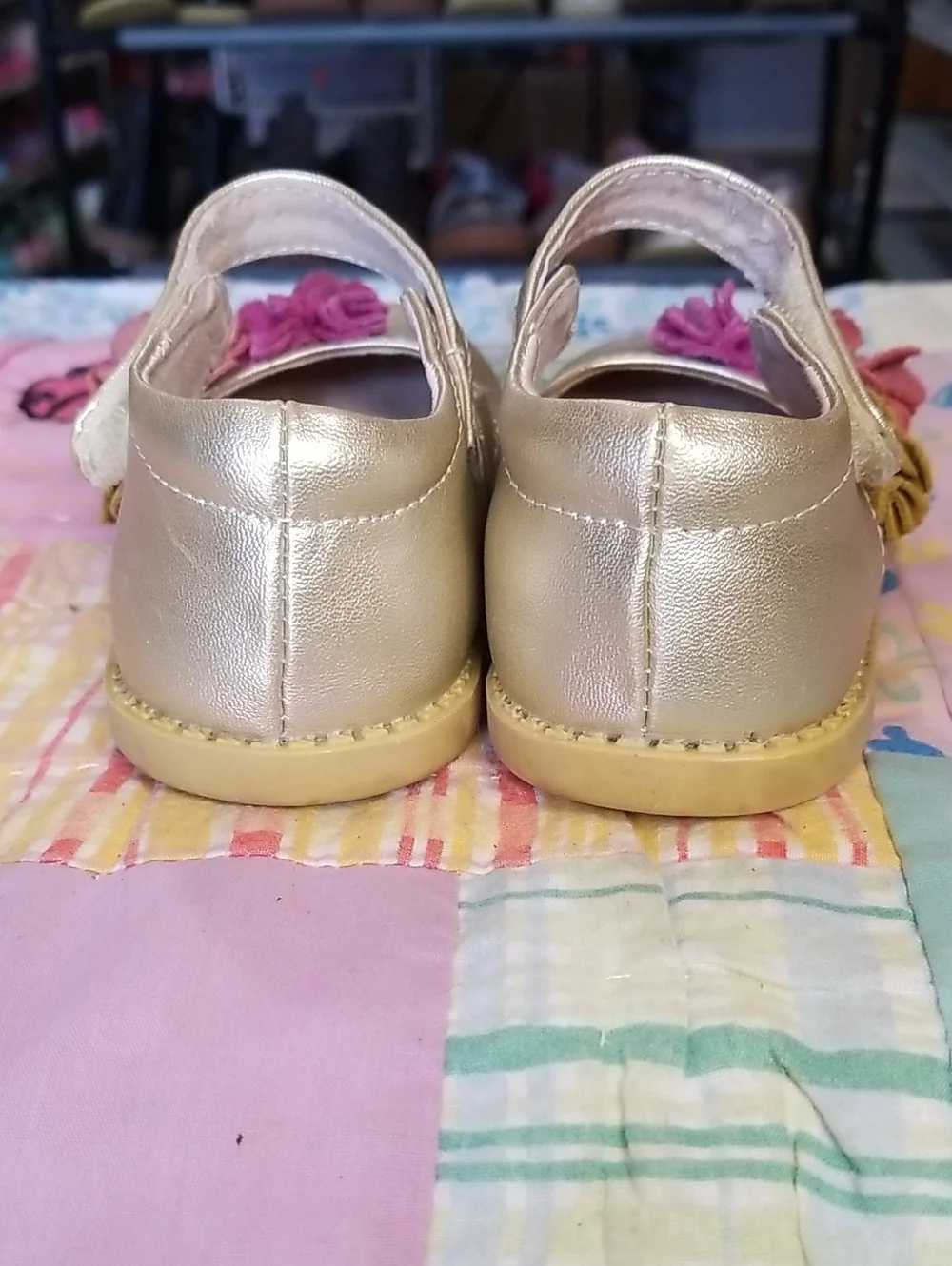 Livie & Luca Metallic Gold Leather Mary Janes w/Pink & Mustard Suede Flowers 6